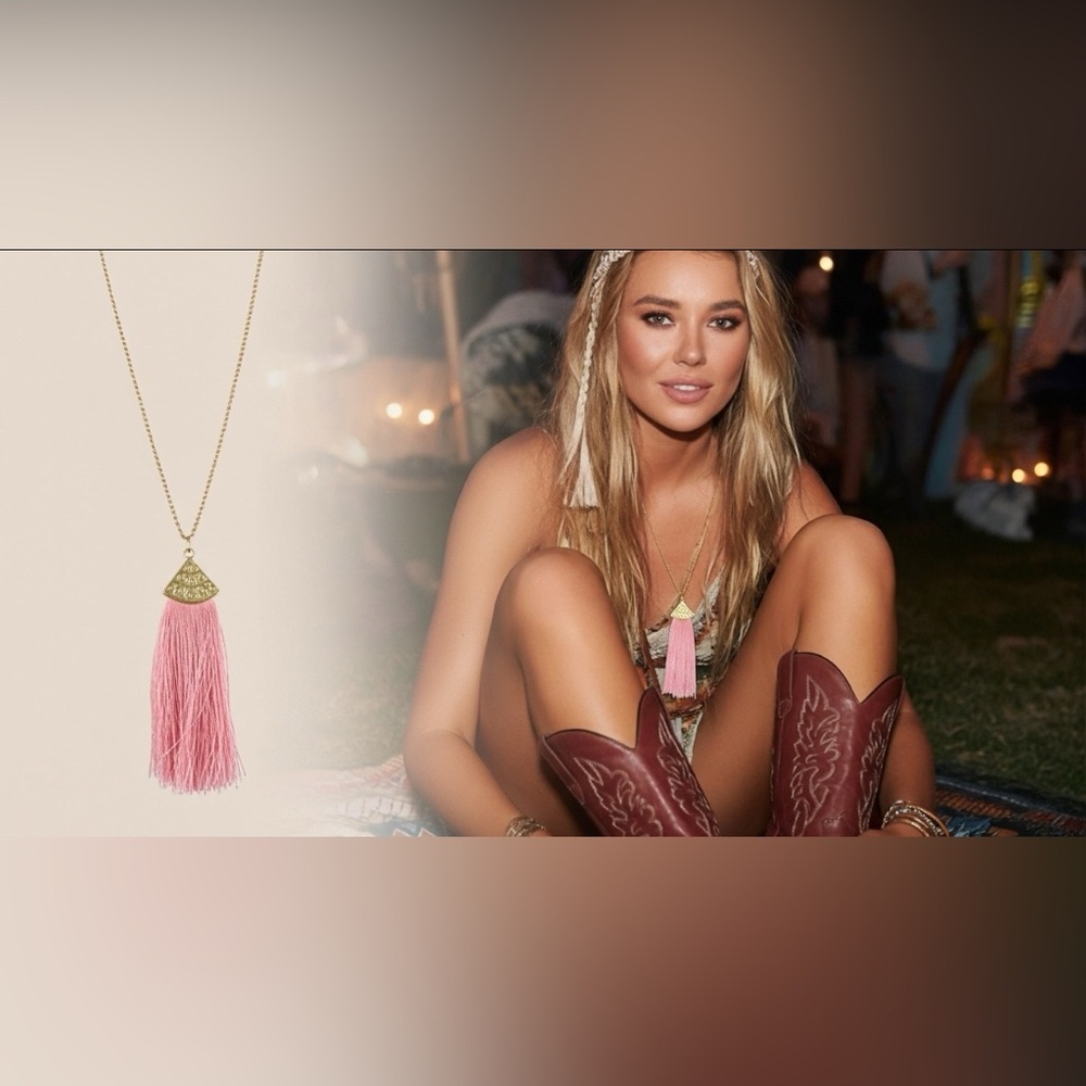 Hicarer Bohemian Pink Tassel Gold Finish Necklace π - Picture 3 of 6